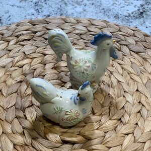 Ceramic Chicken Figurines - Blue and Cream